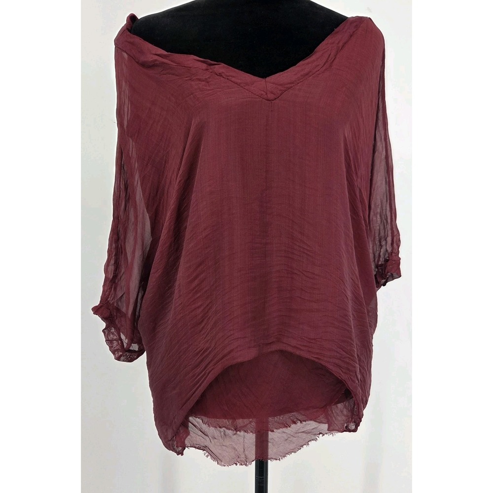 Gigi Moda Made in Italy Silk Blend V-Neck Layered High-Low Tunic Top in Burgundy